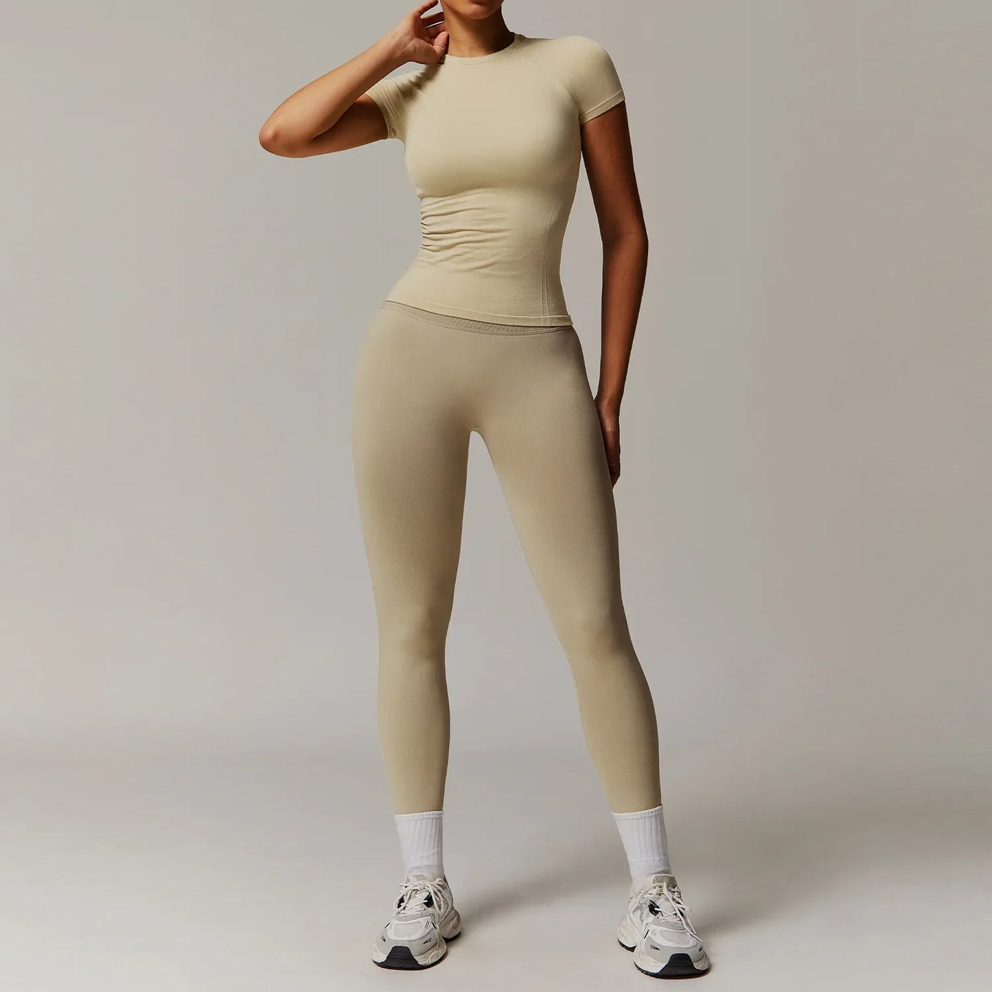 Women Yoga Set Pink Short Sleeve