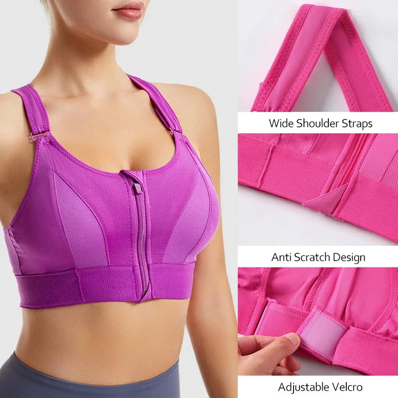 Women Sports Bra Zip Front Strappy