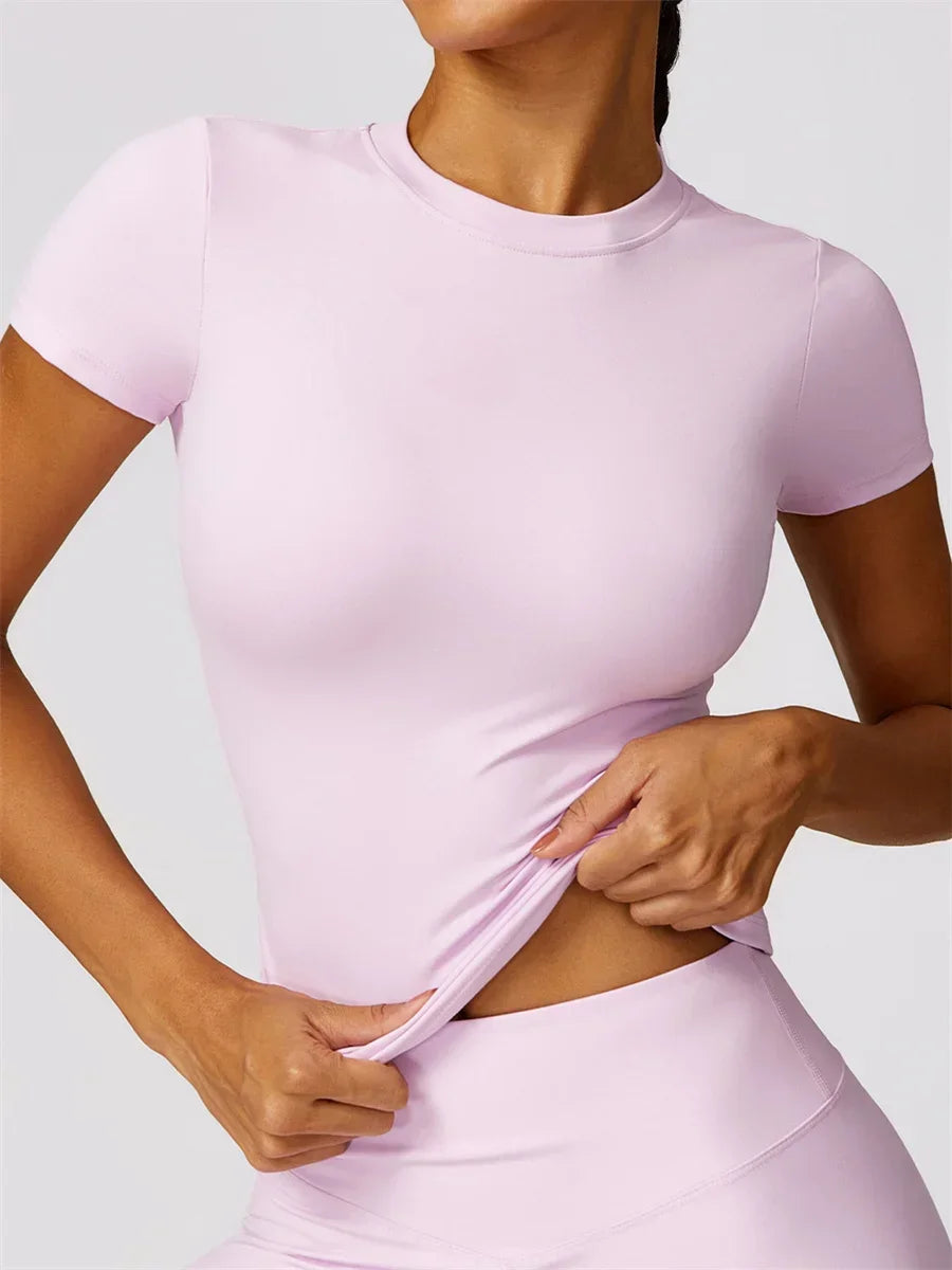 Women Yoga Set Pink Short Sleeve