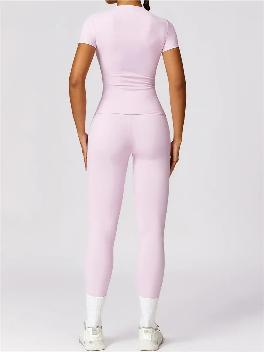 Women Yoga Set Pink Short Sleeve