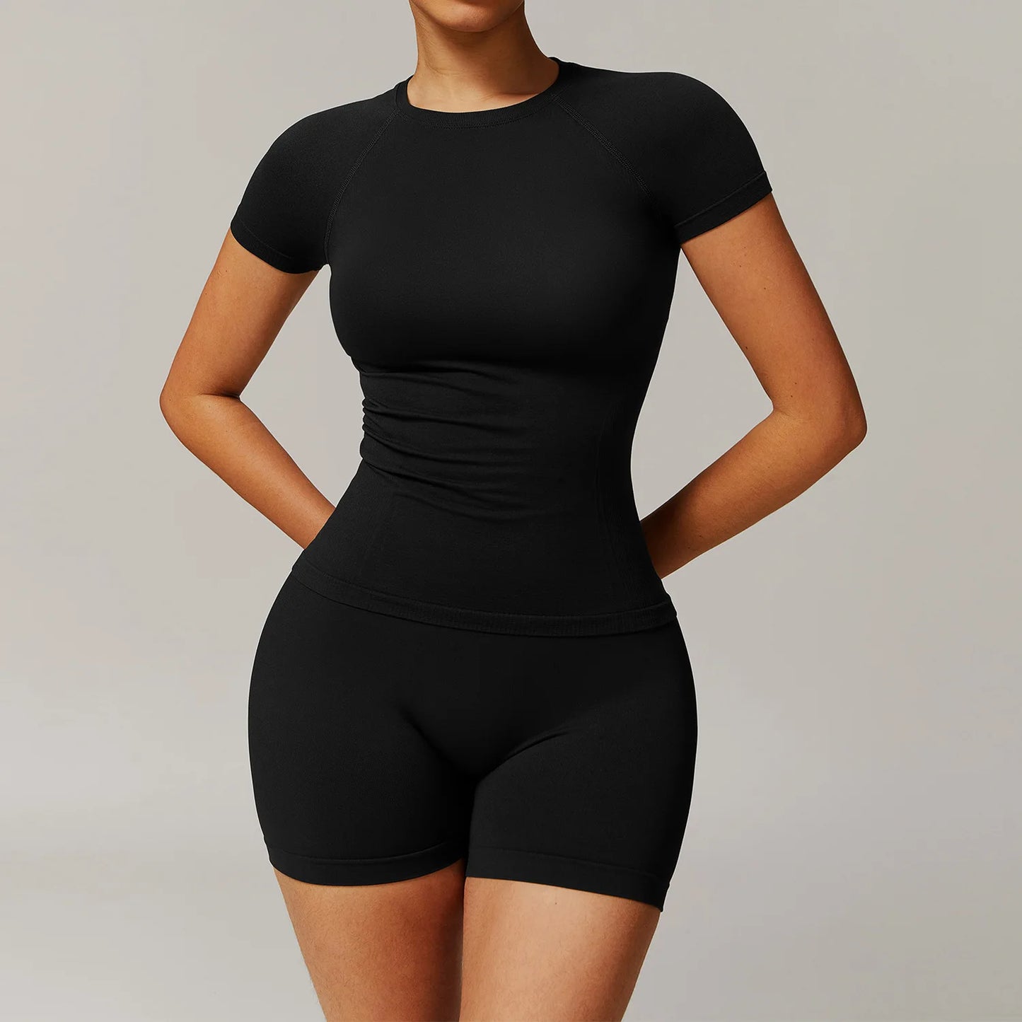 Women Yoga Set Pink Short Sleeve