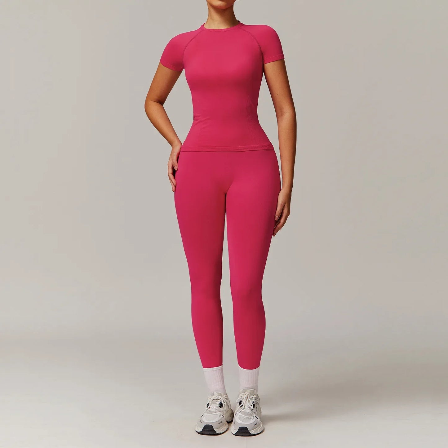 Women Yoga Set Pink Short Sleeve