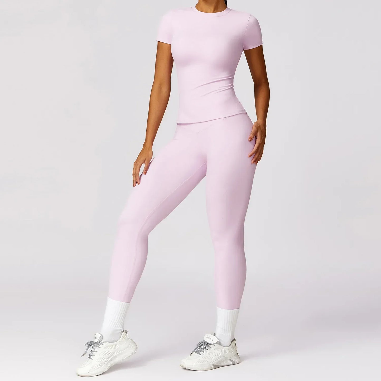 Women Yoga Set Pink Short Sleeve