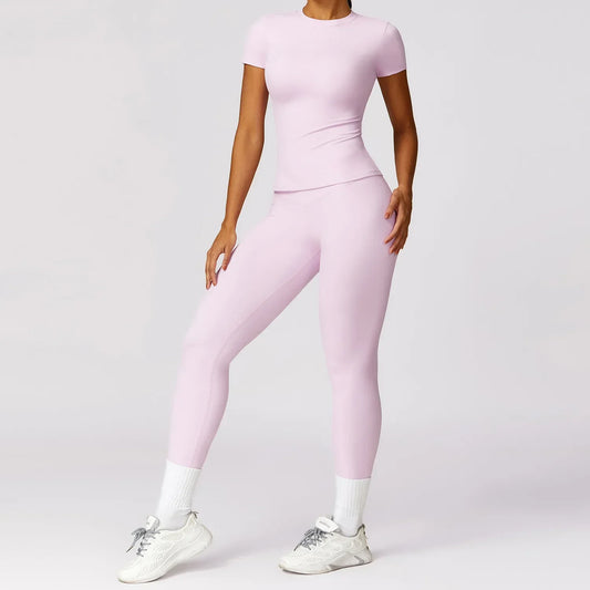 Women Yoga Set Pink Short Sleeve