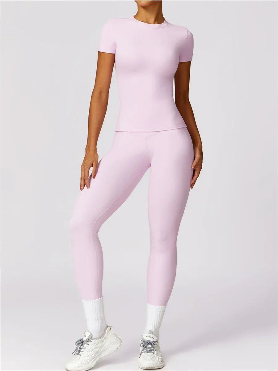 Women Yoga Set Pink Short Sleeve