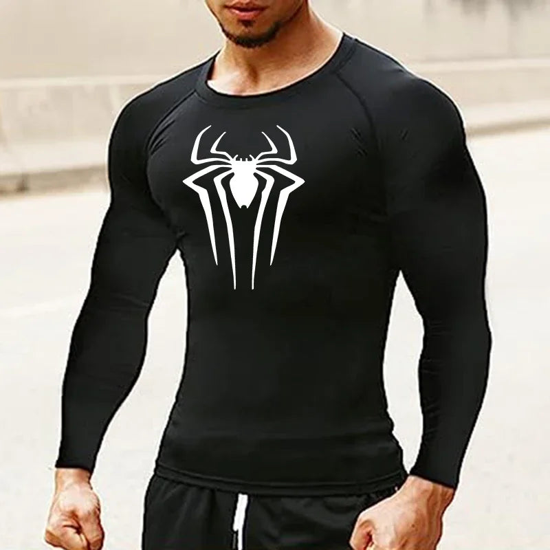 Men Compression Shirt Long Sleeve Spider Print