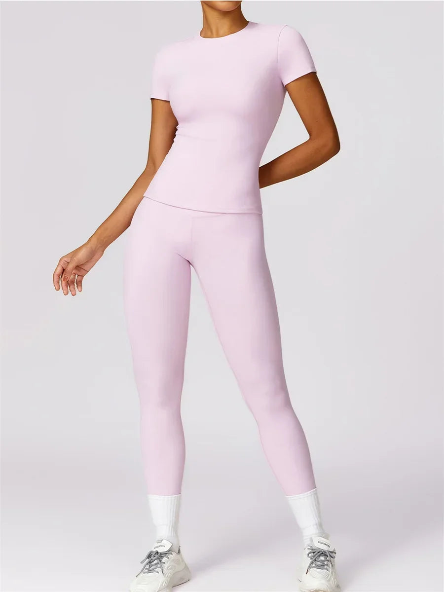 Women Yoga Set Pink Short Sleeve