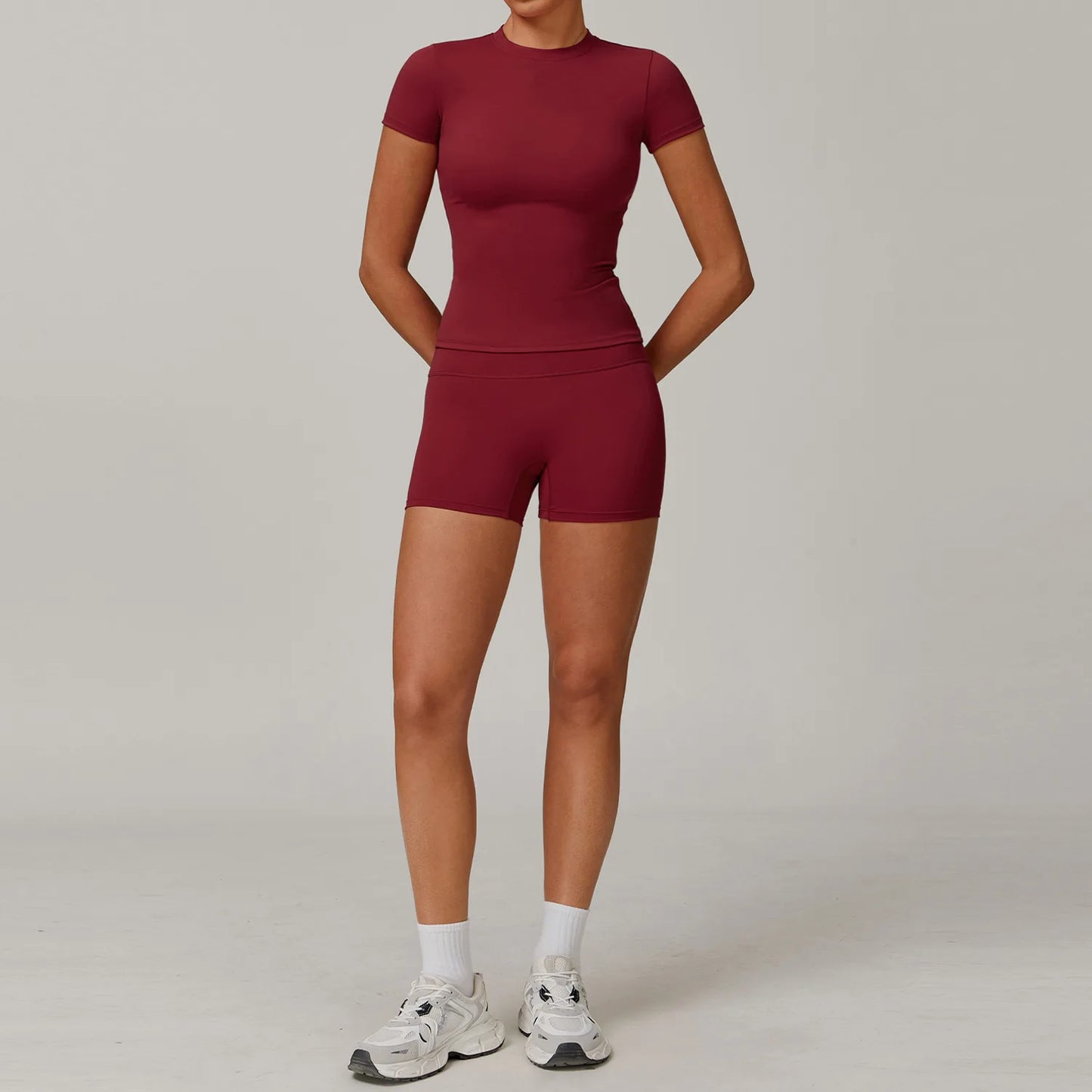 Women Yoga Set Pink Short Sleeve