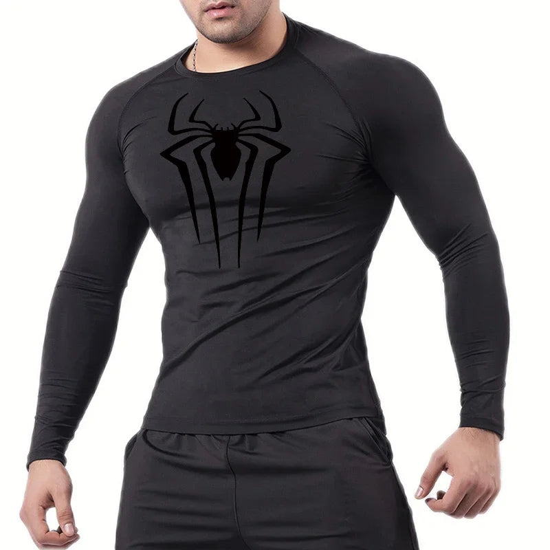 Men Compression Shirt Long Sleeve Spider Print