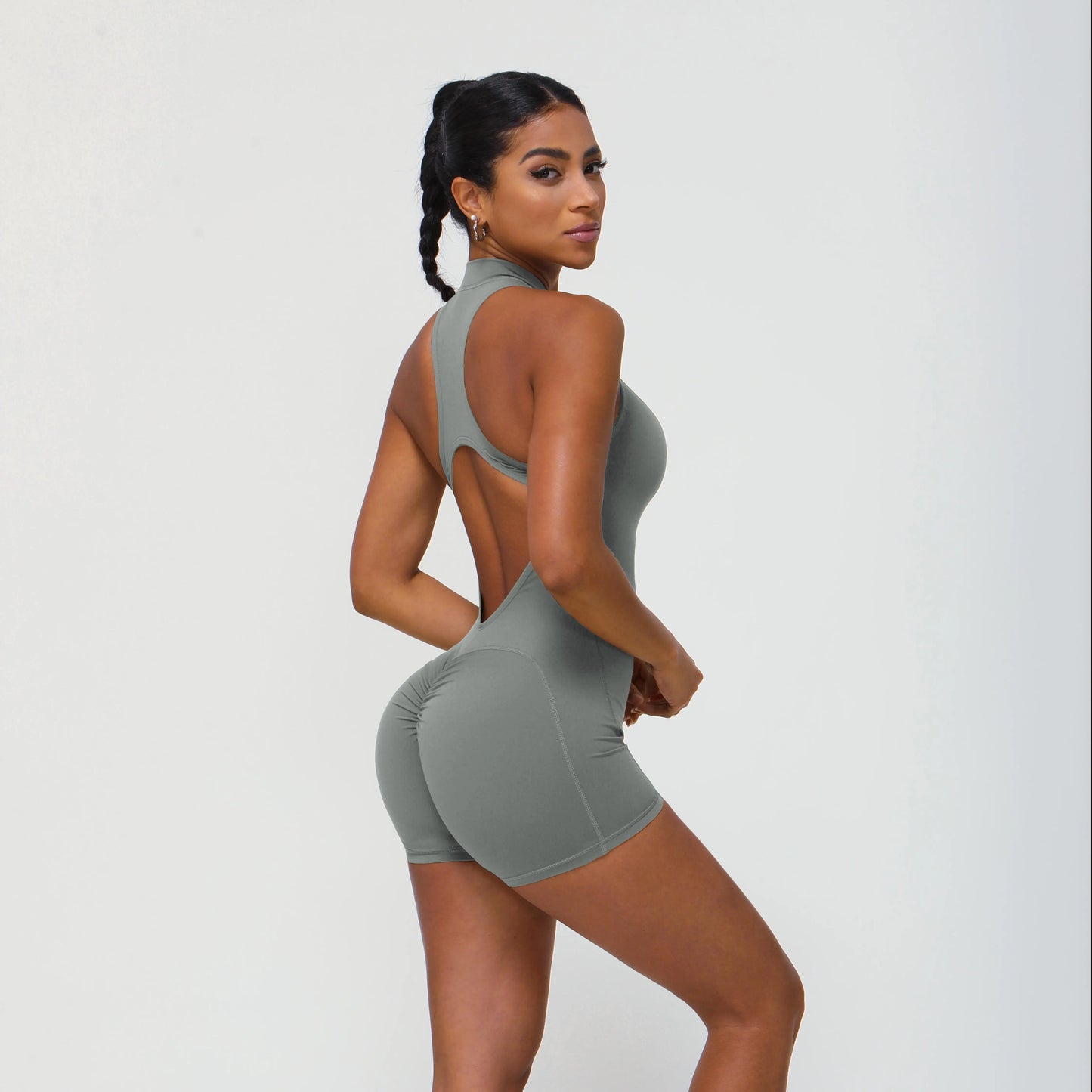 Women Jumpsuit Half Zip Shorts